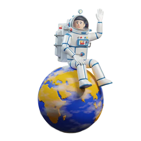 Astronaut in spacesuit sits on the planet earth 3D Illustration