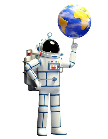 Astronaut in spacesuit twirls the planet earth on his finger  3D Illustration