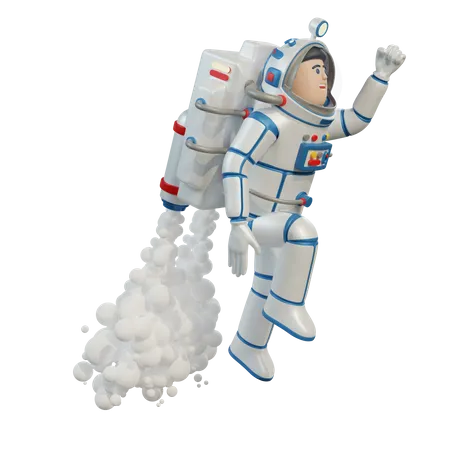Astronaut in spacesuit with jetpack takes off into space 3D Illustration