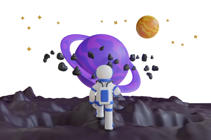 3 D Illustration Of Astronaut Looking At A Planet With A Purple Planet In The Background Spaceman Stranger Explore Cosmos Space Mission 3D Illustration