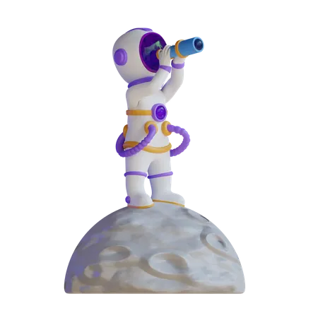 Astronaut Looking Planet With Binoculars  3D Illustration