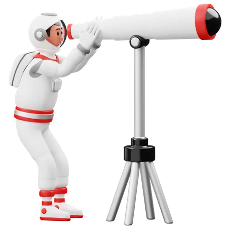 Astronaut Looking Through a Telescope  3D Illustration