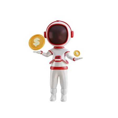 Astronaut mit Dollarmünzen  3D Illustration