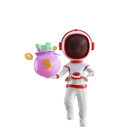 Astronaut mit Geldsack  3D Illustration