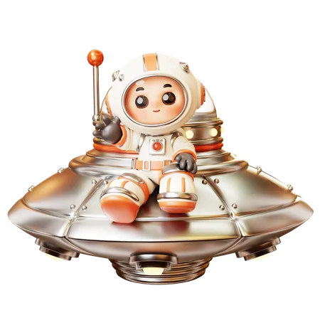3 D Cute Cartoon Futuristic Astronaut Spaceman On Flying UFO With Greeting Gesture Science Technology Space Fiction Universe Exploration Concept 3D Illustration