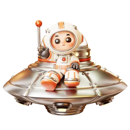 Astronaut On Flying Ufo With Greeting Gesture  3D Illustration