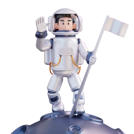 Astronaut planting a flag on the moon  3D Illustration