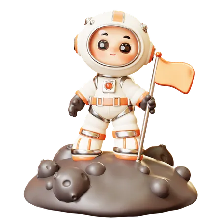3 D Cute Cartoon Futuristic Astronaut Spaceman Planting Flag On Planet Moon Science Technology Space Fiction Universe Exploration Concept 3D Illustration