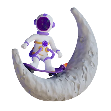 Astronaut Playing Skateboard On Moon  3D Illustration