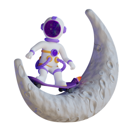 Astronaut Playing Skateboard On Moon 3D Illustration