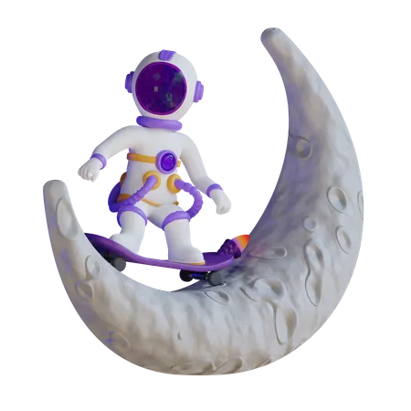 Astronaut Playing Skateboard On Moon 3D Illustration
