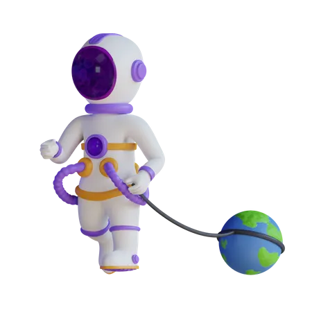 Astronaut pulling planet earth  3D Illustration