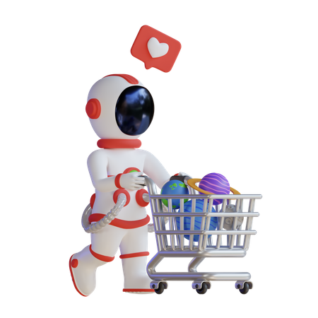 Astronaut Push Trolley With Planet  3D Illustration