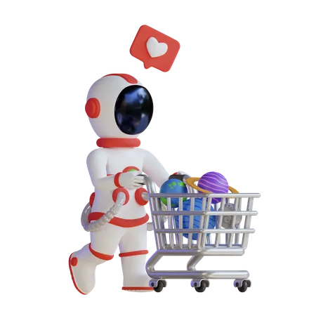 Astronaut Push Trolley With Planet  3D Illustration