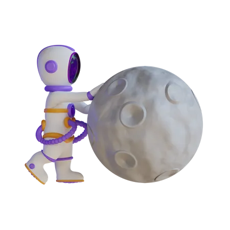 Astronaut pushing the moon  3D Illustration