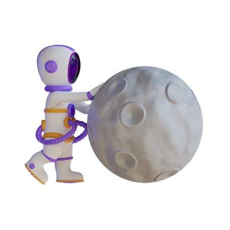 Astronaut pushing the moon 3D Illustration
