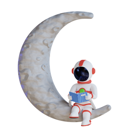 Astronaut Reading Book On Moon  3D Illustration