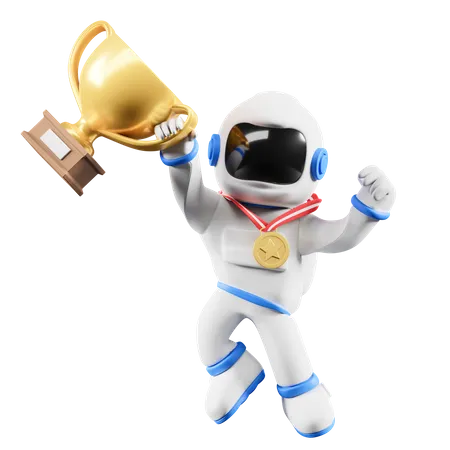 Astronaut receiving champion trophy  3D Illustration