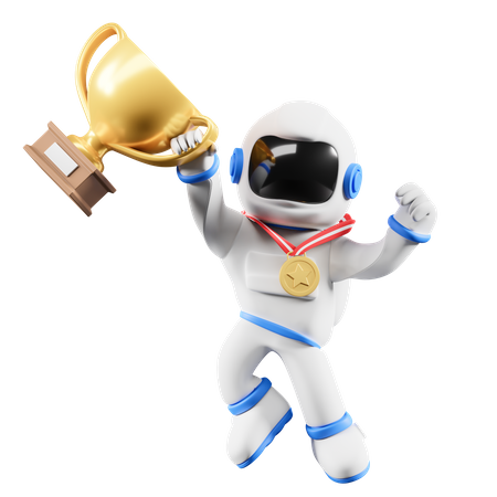 Astronaut receiving champion trophy  3D Illustration