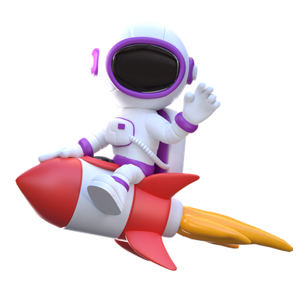 Astronaut reitet auf Rakete und winkt mit der Hand  3D Illustration