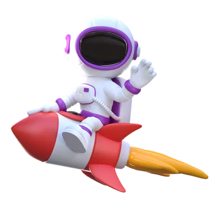 Astronaut reitet auf Rakete und winkt mit der Hand  3D Illustration