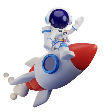 Astronaut Ride On Rocket While Waving Hand  3D Illustration