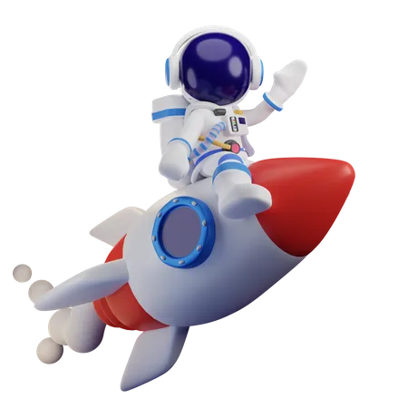 Astronaut Ride On Rocket While Waving Hand  3D Illustration