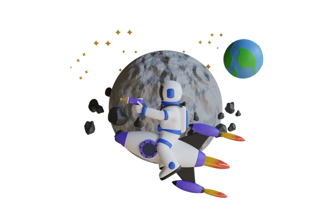 Astronaut Riding Rocket In Space  3D Illustration