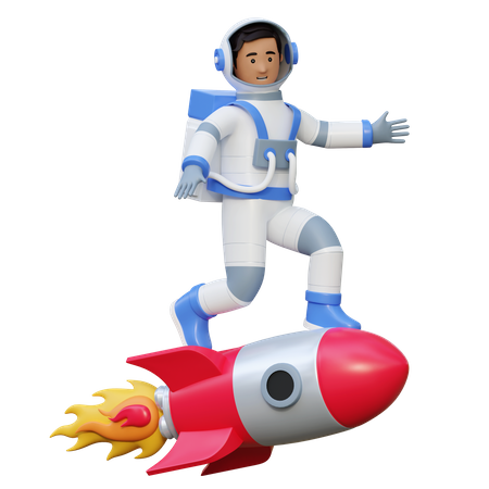 Astronaut Riding Rocket Spaceship  3D Illustration