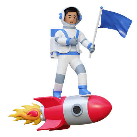Astronaut Riding Rocket Spaceship Carrying Flag  3D Illustration