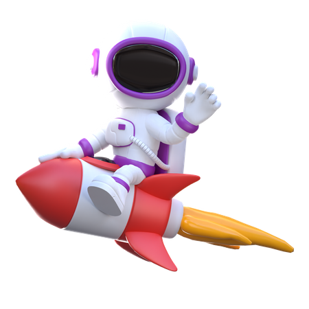 Astronaut riding rocket while waiving hand 3D Illustration
