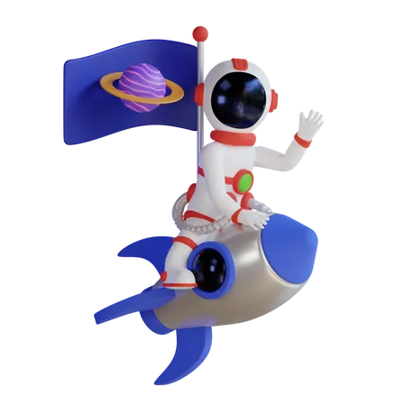 Astronaut Riding Rocket With Planet Flag  3D Illustration