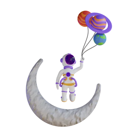 Astronaut schwebt mit Planetenballons  3D Illustration