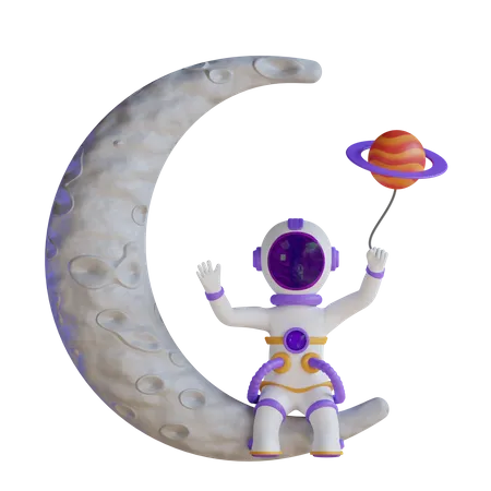 Astronaut sit On Moon And Holding Planet Balloon  3D Illustration