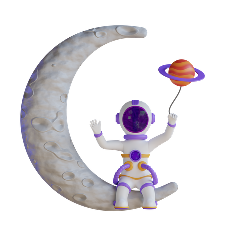 Astronaut sit On Moon And Holding Planet Balloon  3D Illustration