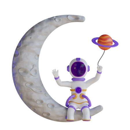 Astronaut sit On Moon And Holding Planet Balloon 3D Illustration