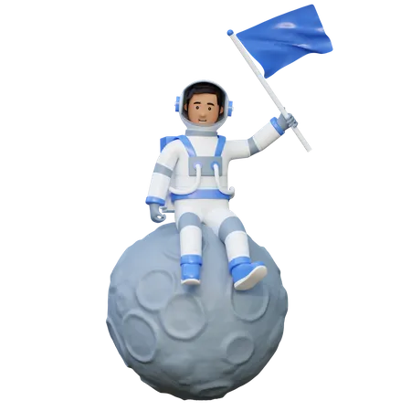 Astronaut Sitting In Moon While Holding Flag 3 D Cartoon Illustration 3D Illustration