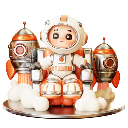 3 D Cute Cartoon Futuristic Astronaut Spaceman Sitting In Rocket Science Technology Space Fiction Universe Exploration Concept 3D Illustration