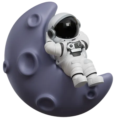 Astronaut Sitting On A Moon Crescent  3D Illustration