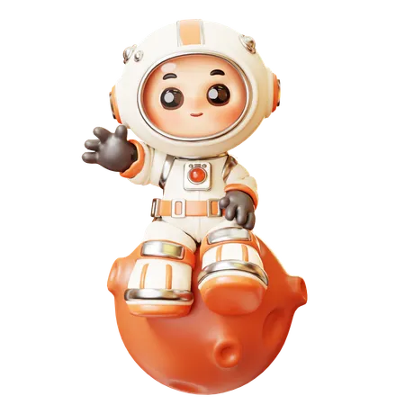 3 D Cute Cartoon Futuristic Astronaut Spaceman Sitting On Mars Planet With Greeting Gesture Science Technology Space Fiction Universe Exploration Concept 3D Illustration