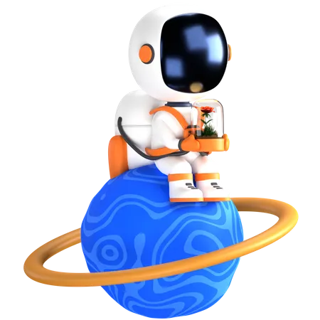 3 D Illustration Of An Astronaut Sitting On A Blue Planet 3D Illustration