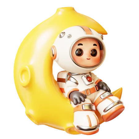 3 D Cute Cartoon Futuristic Astronaut Spaceman Sitting Relax On Crescent Moon Science Technology Space Fiction Universe Exploration Concept 3D Illustration