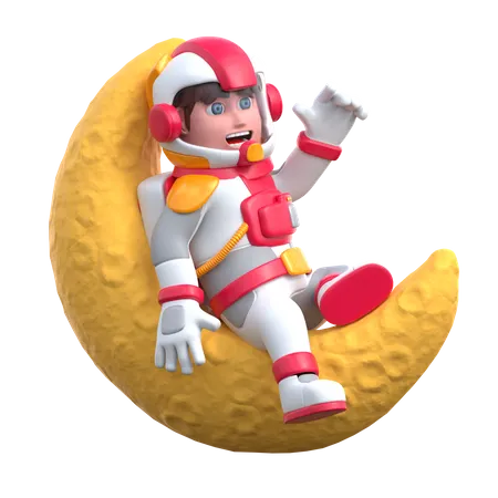 Cartoon Astronaut Sitting Relaxed On Crescent Moon 3D Illustration