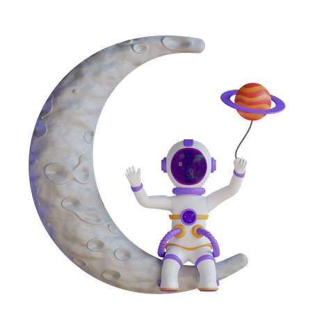 Astronaut sitzt auf dem Mond und hält Planetenballon  3D Illustration