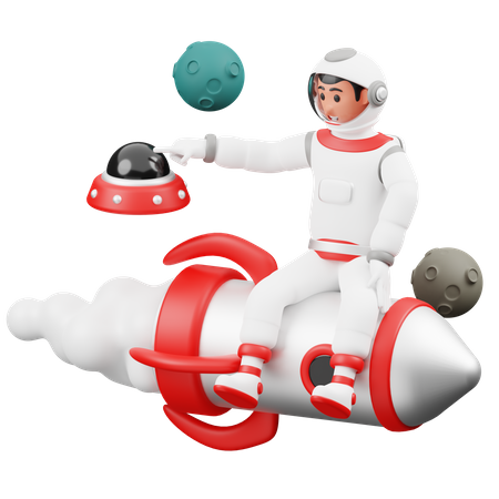 Astronaut sitzt auf einer Rakete  3D Illustration