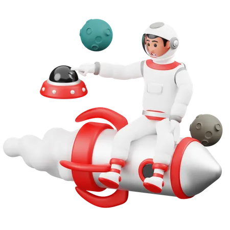 Astronaut sitzt auf einer Rakete  3D Illustration