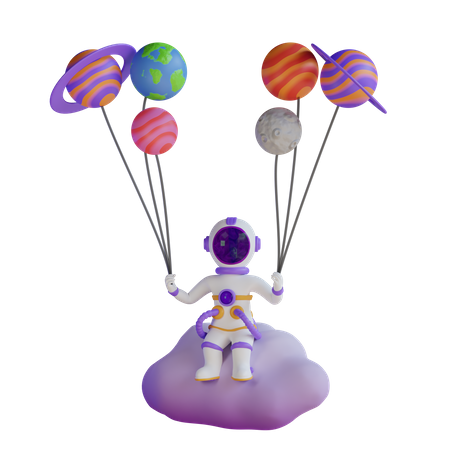 Astronaut sitzt auf Wolke mit Planet-Ballon  3D Illustration