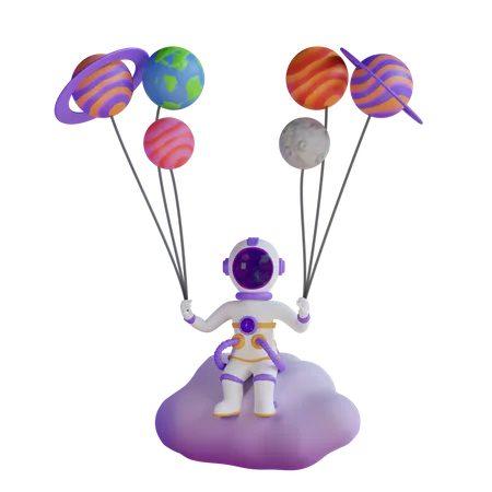 Astronaut sitzt auf Wolke mit Planet-Ballon  3D Illustration