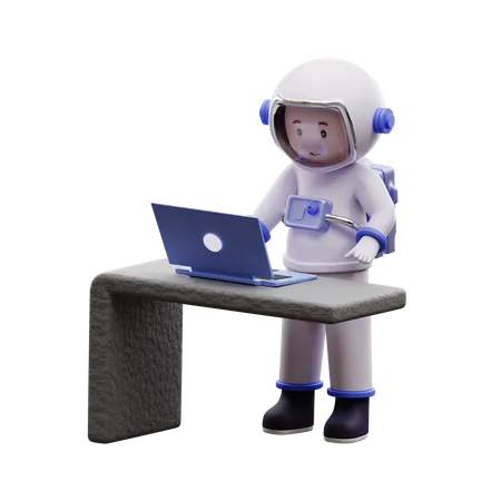 Astronaut spielt Laptop  3D Illustration