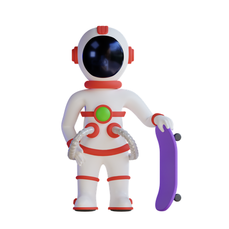 Astronaut Standing With Skateboard  3D Illustration